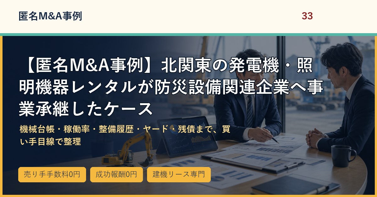 【匿名M&A事例】北関東の発電機・照明機器レンタルが防災設備関連企業へ事業承継したケースのアイキャッチ画像