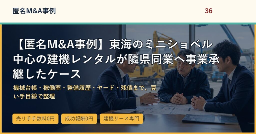 【匿名M&A事例】東海のミニショベル中心の建機レンタルが隣県同業へ事業承継したケースのアイキャッチ画像