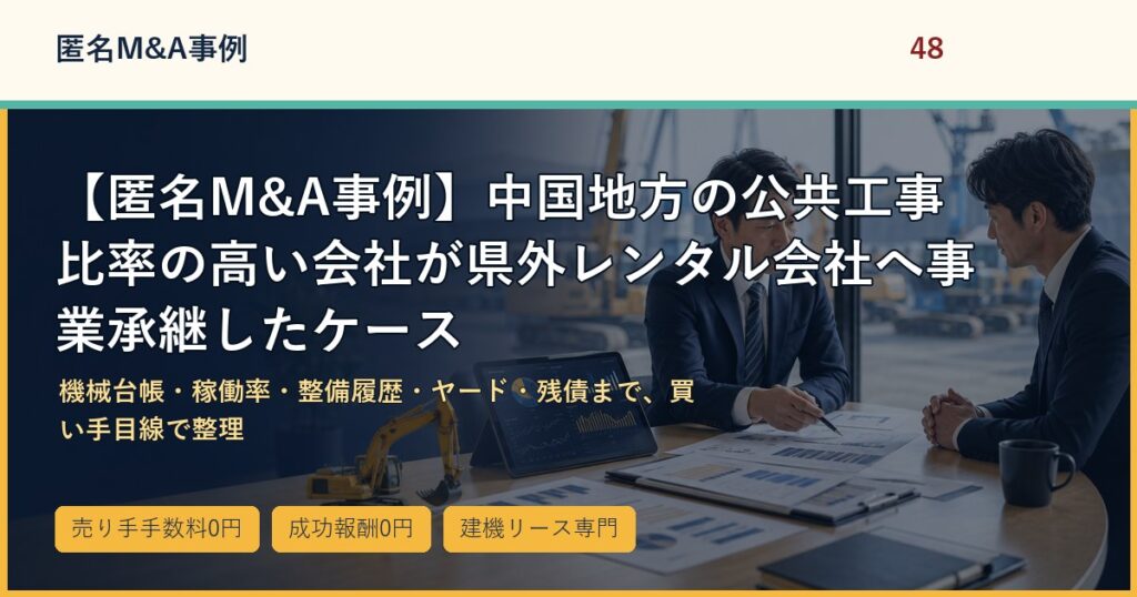 【匿名M&A事例】中国地方の公共工事比率の高い会社が県外レンタル会社へ事業承継したケースのアイキャッチ画像