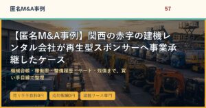【匿名M&A事例】関西の赤字の建機レンタル会社が再生型スポンサーへ事業承継したケースのアイキャッチ画像