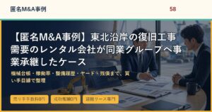 【匿名M&A事例】東北沿岸の復旧工事需要のレンタル会社が同業グループへ事業承継したケースのアイキャッチ画像