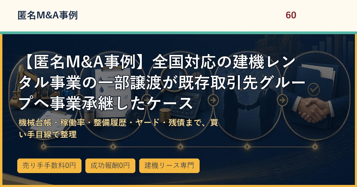 【匿名M&A事例】全国対応の建機レンタル事業の一部譲渡が既存取引先グループへ事業承継したケースのアイキャッチ画像
