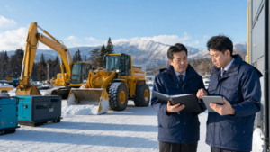 北海道の雪の建機レンタルヤードで機械台帳を確認するM&A相談のイメージ