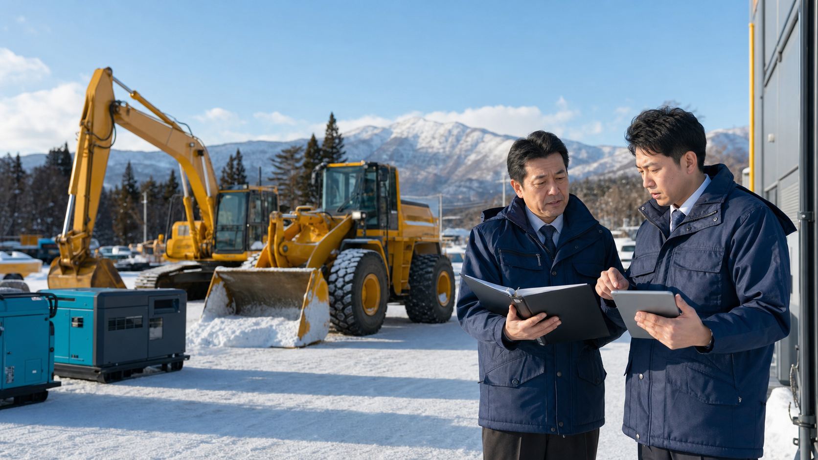 北海道の雪の建機レンタルヤードで機械台帳を確認するM&A相談のイメージ