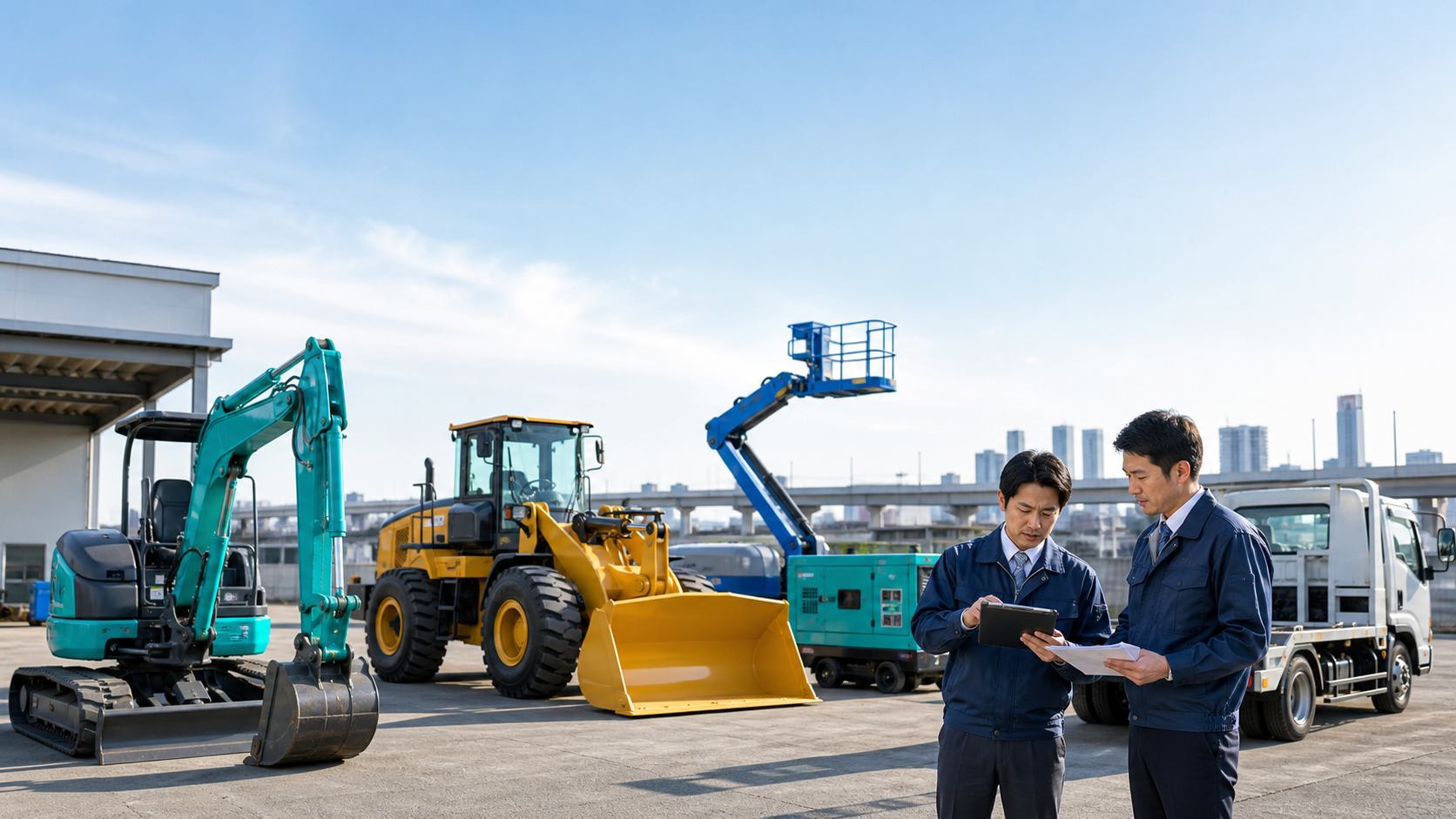関東の建機リース会社のヤードで機械台帳を確認するM&A相談のイメージ