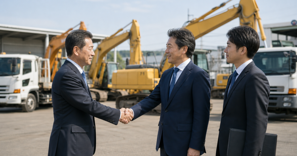 建機リース会社のM&A承継後にヤードで握手する経営者とアドバイザー