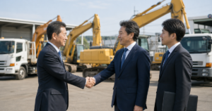 建機リース会社のM&A承継後にヤードで握手する経営者とアドバイザー