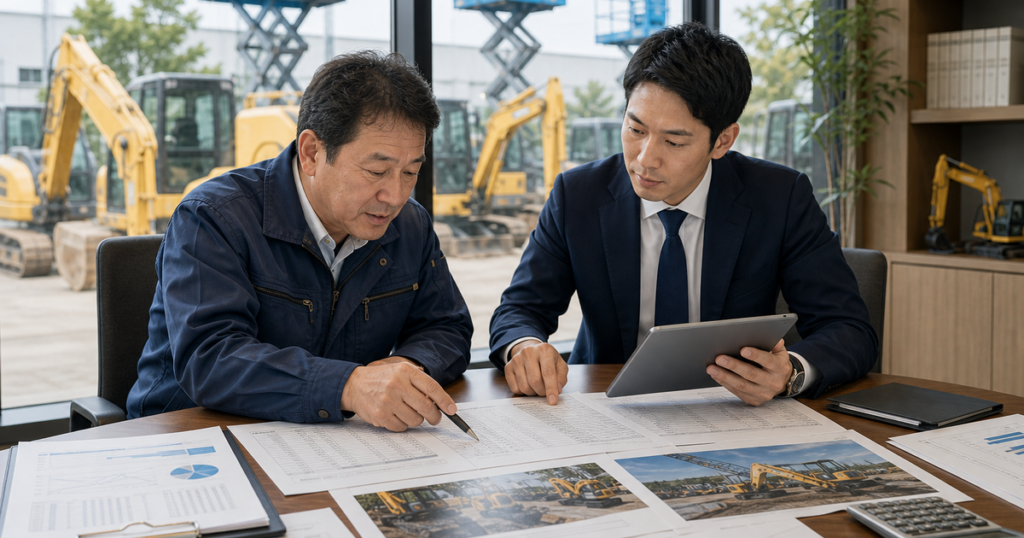 建機リース会社のリース残債と機械台帳を確認する経営者とM&Aアドバイザー