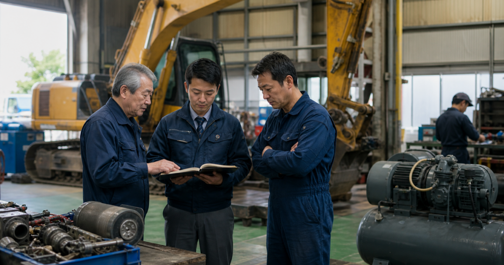 重機レンタル会社の整備工場で引継ぎ資料を確認する整備士と譲受企業