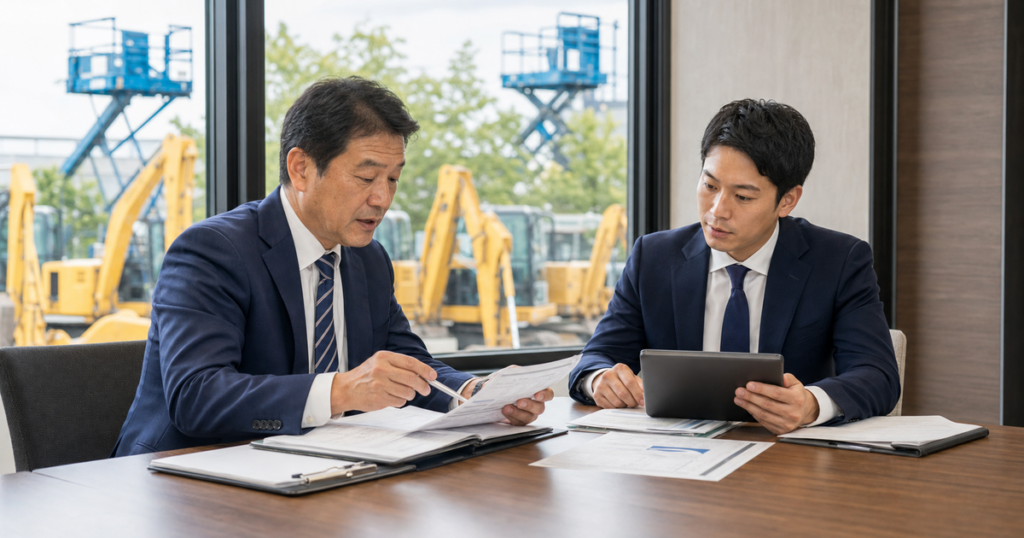 建機リース会社の機械台帳と特自検資料を確認する経営者とM&Aアドバイザー