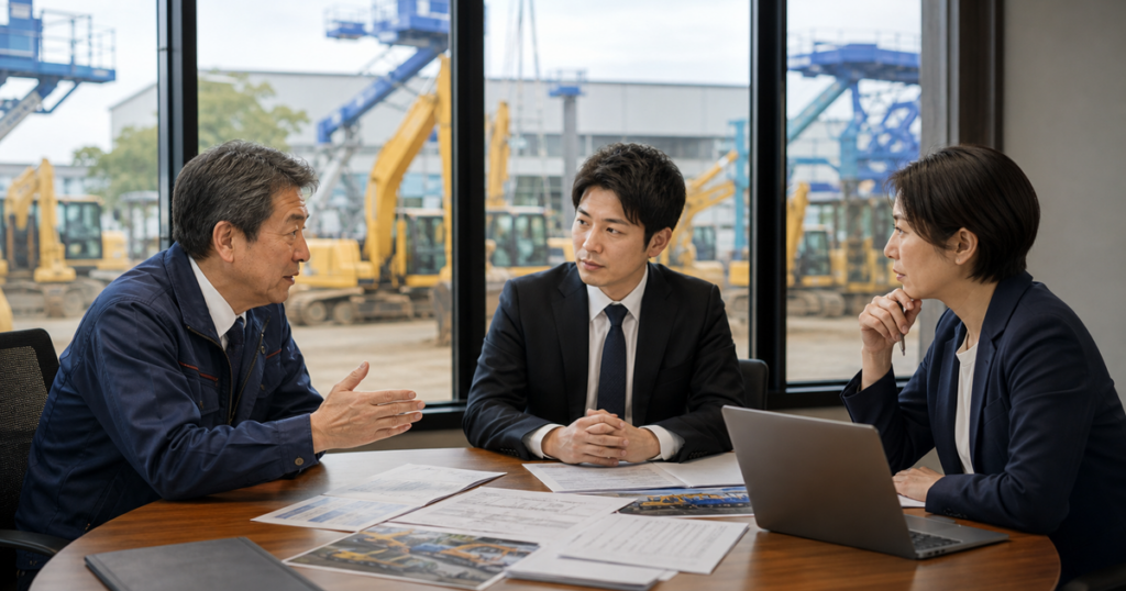建機リース会社の承継について秘密保持前提で相談する経営者とアドバイザー