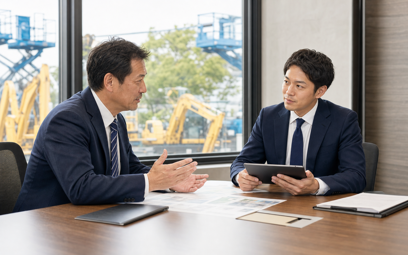 建機リース会社の経営者とM&Aアドバイザーが建機ヤードを背景に相談している写真