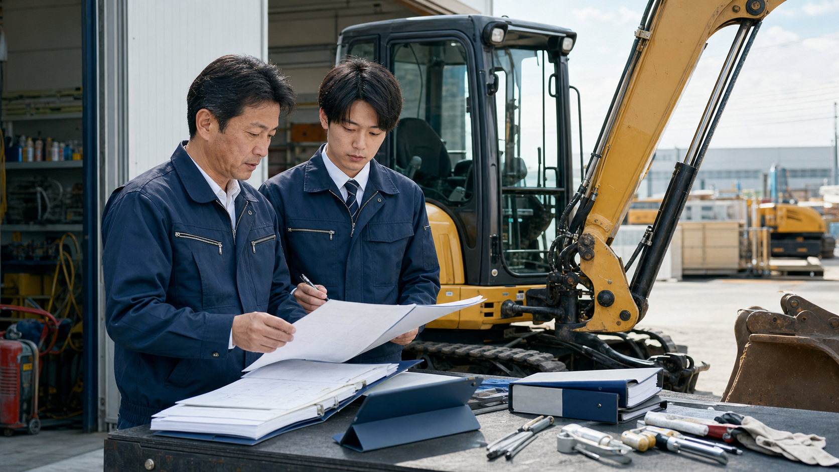 建機リース会社の整備担当者が機械台帳と点検記録を確認している写真