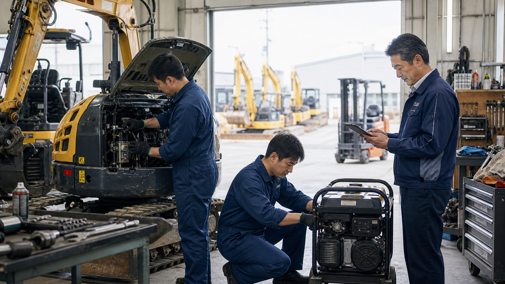 建機リース会社の整備工場で機械を点検している写真