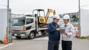 建機リース会社の配送担当者が現場で納品確認している写真