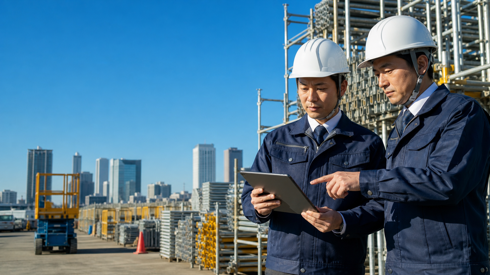 関西の仮設機材レンタルヤードで機材台帳を確認するM&A相談のイメージ
